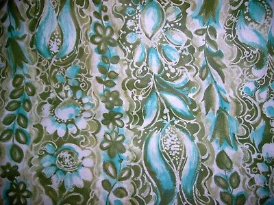 Vntg Polished Cotton Print Fabric Blue Green White BTY 44