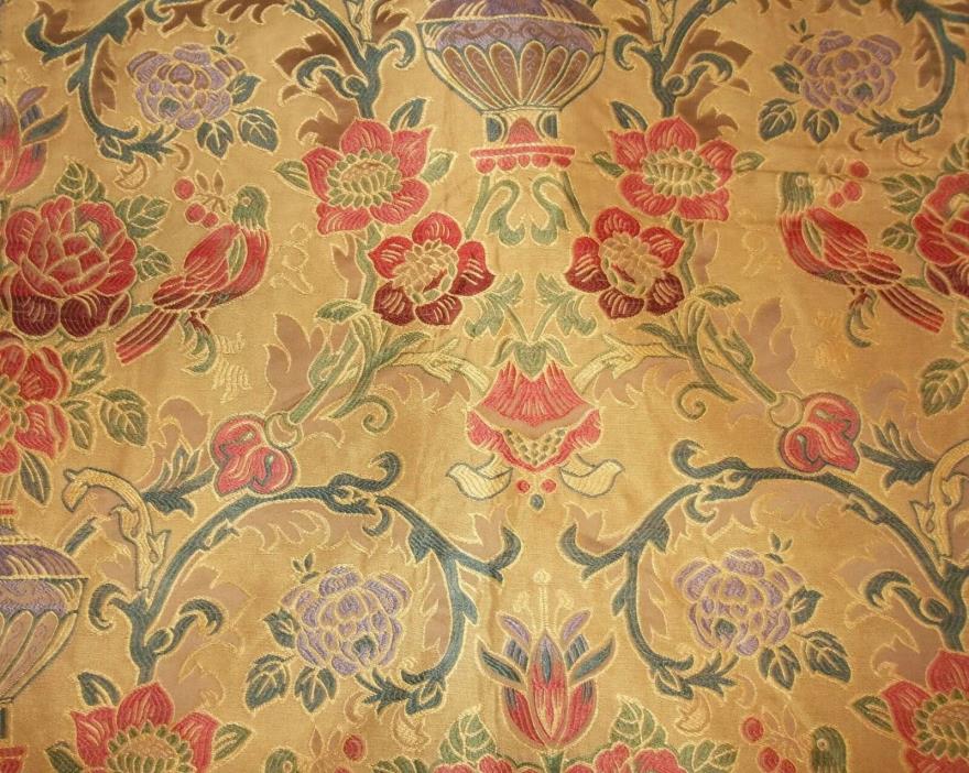 1 1/2 Yards Antique Style Drapery / Upholstery Fabric - Gold Floral Print, Bird