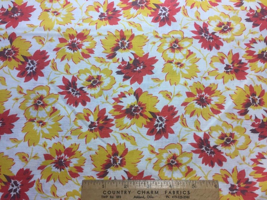 Vintage Cotton Feedsack Fabric 30s40s PRETTY Red & Yellow Flowers  EXC