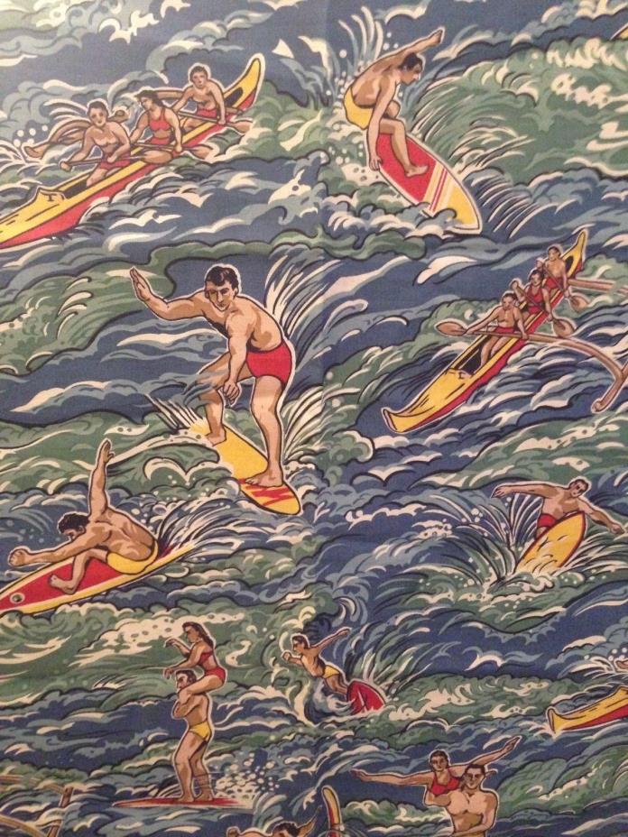 Vintage Hawaiian Polynesian Sport Surfer Beach Novelty Print Fabric-36