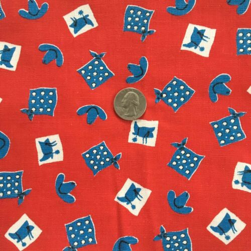 VINTAGE COTTON FABRIC 1 Yard Novelty Print Cowboy Boots Western Red White Blue