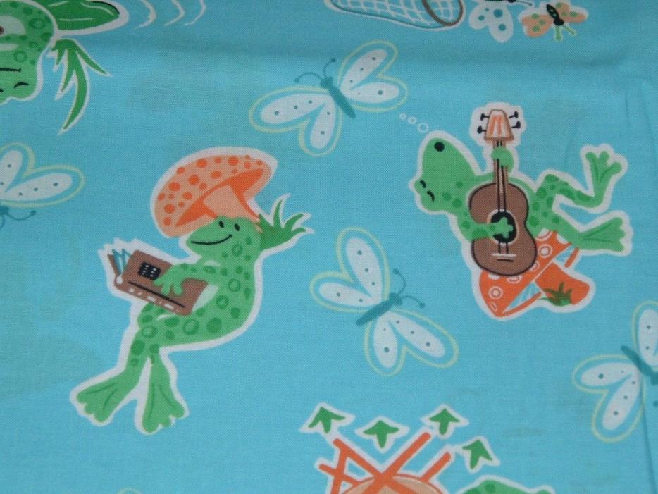 Vtg Green Froggy Frogs Butterfly On Teal Pond Quilt Sewing Fabric RARE 36x44 #fb