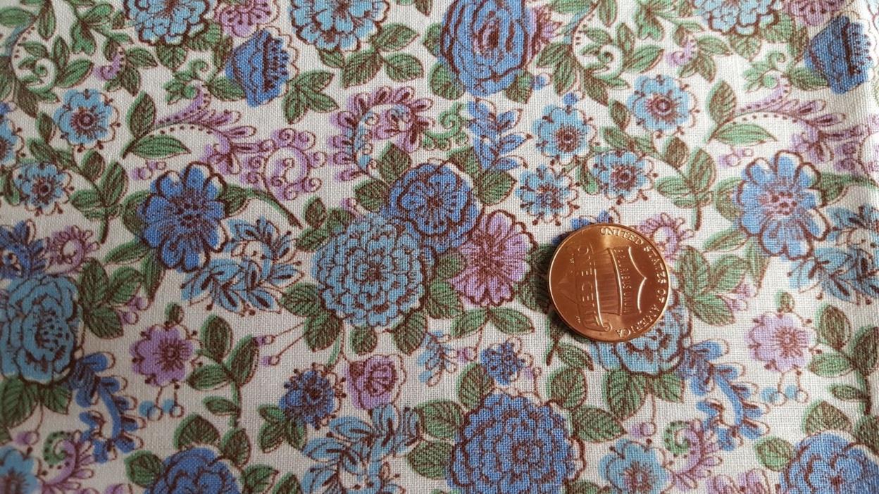 VTG Antique Cotton Fabric 30s Quilt Doll Blue Flowers Purple Turquoise
