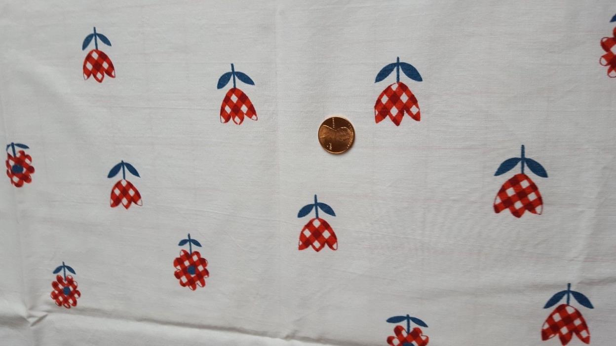 Vintage Cotton Fabric 40s Flowers Gingham Tulips Floral Red White Green