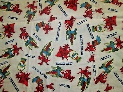 Vintage flannel fabric NOS Cowboy Rodeo Wagons West roping horses on white 2 yds