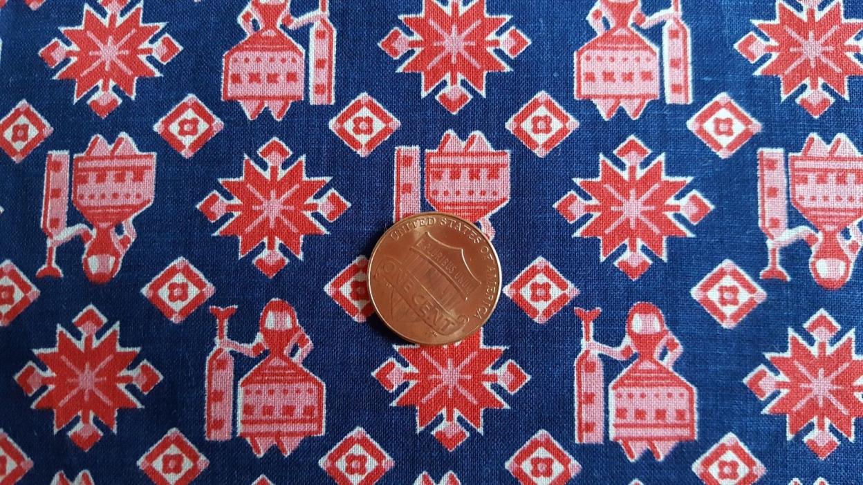 VTG Antique Cotton Fabric 30s Quilt Doll Navy Blue Pink Red Pennsylvania Dutch