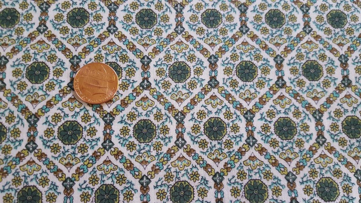 Vintage Antique Cotton Fabric 30s Quilt Doll Green Flowers Medallions Grid