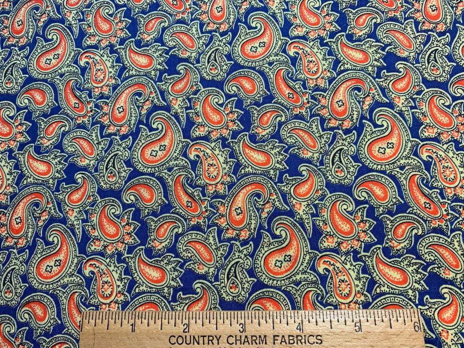 Vintage Cotton Fabric PRETTY Red Yellow Blue Paislies 42w 1yd