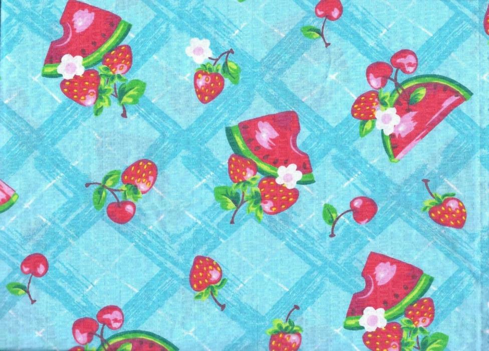 Summer Fruits Seersucker Fabric Watermelon Strawberry Blue Pink  BTY 1 Yard