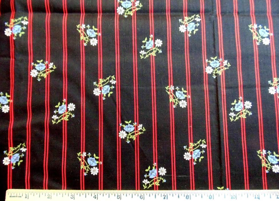 Vtg Black Red Pinstripe & Ditsy Floral Fashion Fabric 2 Yards 35