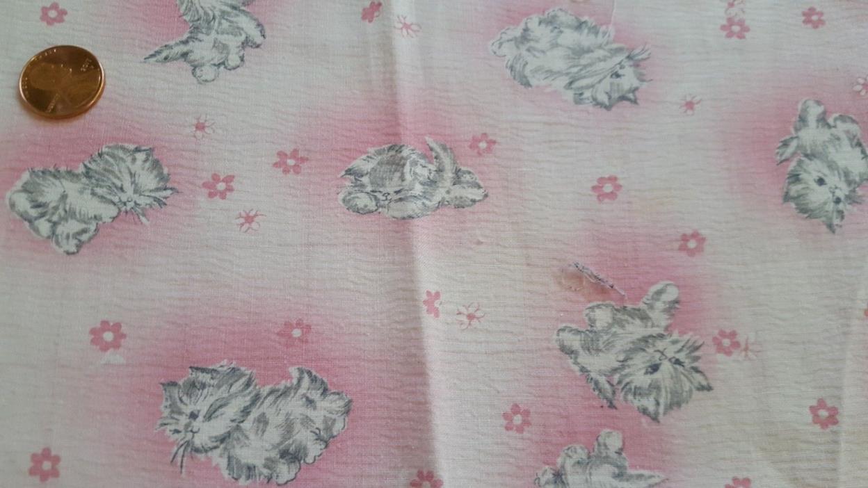 VTG Antique Cotton Fabric 30s Quilt Doll Novelty Pink Gray Kitty Flowers