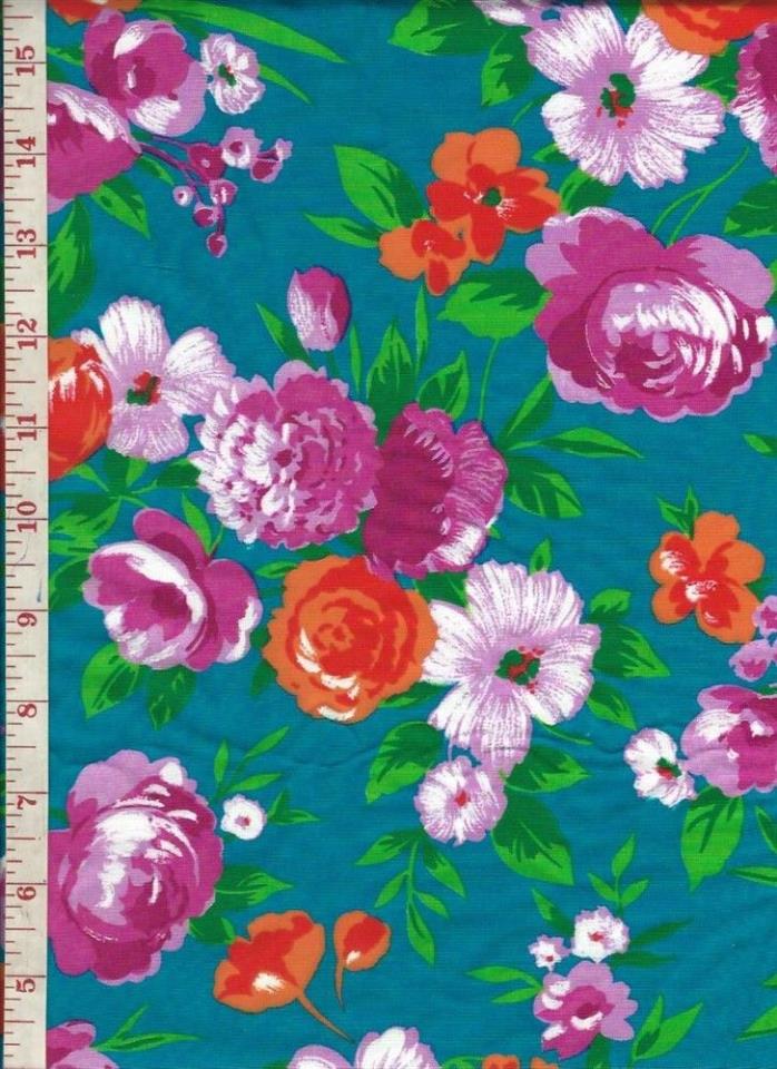 3 Yds Bright Floral Print Cotton Blend Vintage Fabric 43