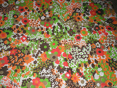 Vintage 1970s Orange Brown Lime Red White Floral Daisy Fabric 44 x 38