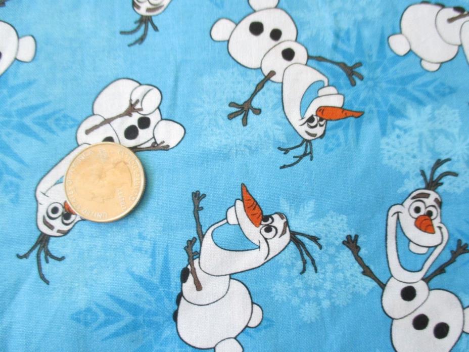 DISNEY'S  Frozen OLAF And SNOWFLAKES On BLUE 2000's COTTON Fabric-over 1 yd