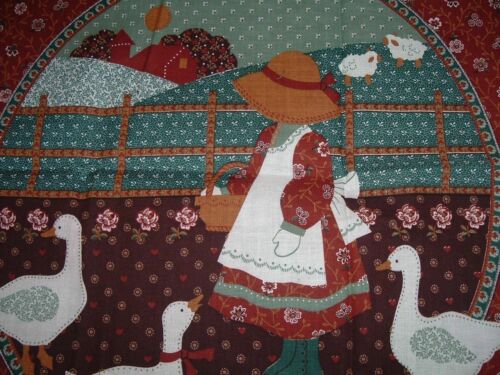 2 Vtg 80s Calico Sun Bonnet Sue Geese Brown Pillow Quilt Block Fabric Panel #wd