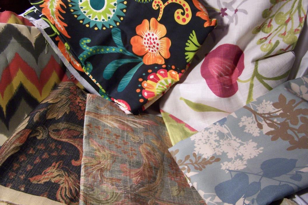 assorted Screen Print Designer Drapery Fabrics, 10 yds+, 7+ patterns, 5+ lbs
