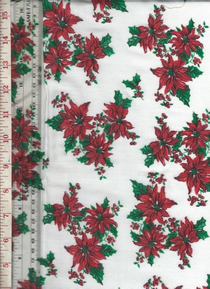 4 Yards Vintage Christmas Poinsettia Print Cotton Blend Fabric 50