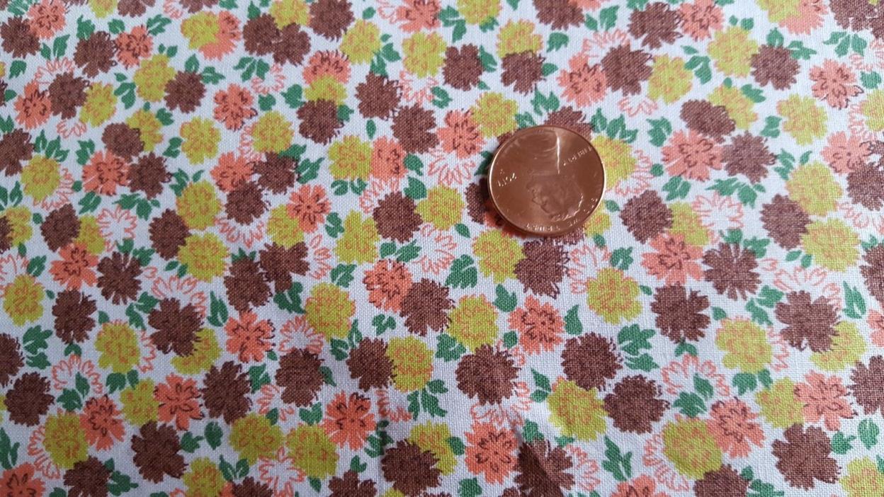 VTG Antique Cotton Fabric 30s Quilt Doll Coral Brown Chartreuse Green Flowers