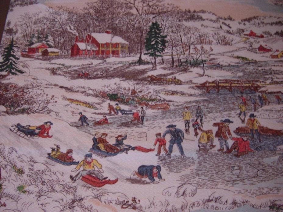 Vtg 1950 Currier Ives fabric SNOW SKATERS Winter Barkcloth CHRISTMAS look HTF