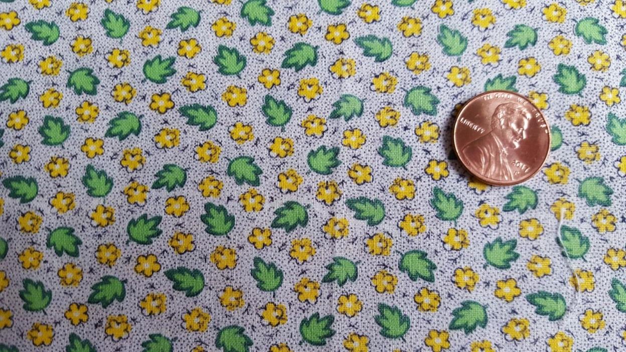 VTG Antique Cotton Fabric 30s Quilt Doll Green Leaves Yellow Flower Tiny