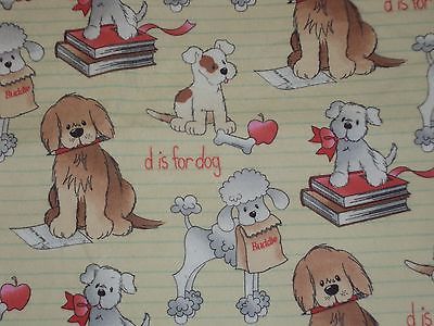 1 yd cotton flannel fabric dog & school books on yellow