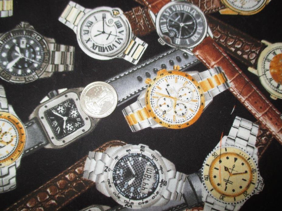 MAN CAVE Vintage WRIST WATCHES On BLACK 1990's COTTON Fabric-over 3 yd