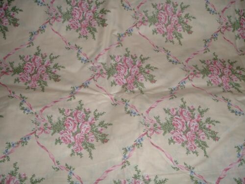 Vtg 90s Victorian Romantic Pink Rose Bouquet Ribbons Drapery Fabric 36x56BTY#pb7
