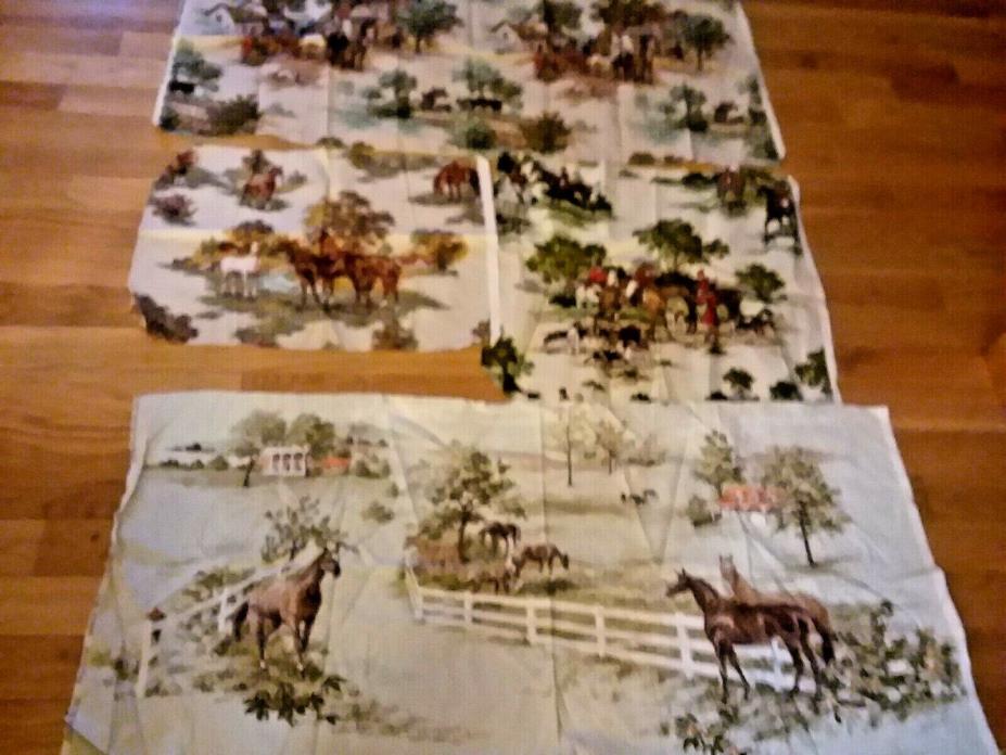 Lot Vintage Barkcloth 4 Pcs. Cotton Fabric Horses & Hunting Dogs