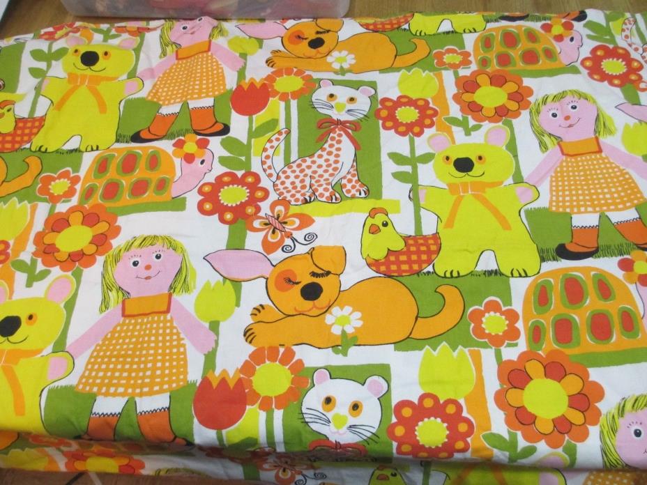 Vintage Fabric 1960's House N Home Fabric Girl Turtle Dog Cat Chicken Bear 1+ yd
