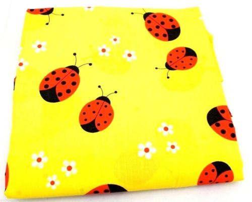 Vtg Fabric Yardage Remnant Large Red and Yellow Lady Bugs Cotton Blend 1970s