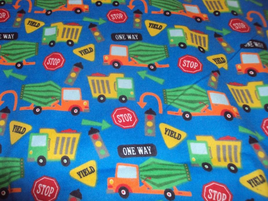 Blue cotton flannel fabric with trucks and road signs, boy, 1 yard