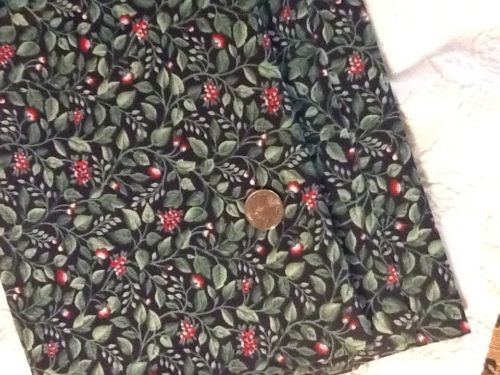 COTTON PRINT FABRIC NAVY GREEN LEAVES CRANBERRY FLOWERS 4 YARDS