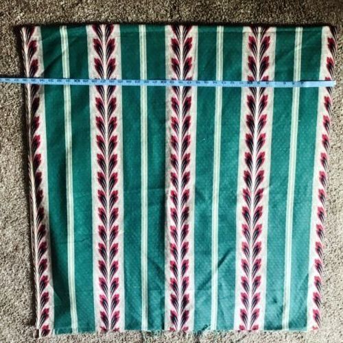 Vintage Cotton Fabric. Green Linear Pattern With Red & White Stripes Leaf
