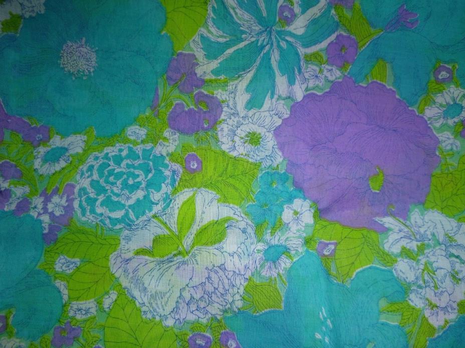 Vtg Cotton Organza Fabric Sheer BIG Floral Turquoise Purple Green Floral 45x3yds