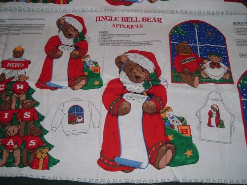 Vtg 90s Jingle Bells Bears Applique Quilt Sew Fabric Panel 18x43 RARE OOP #sfb