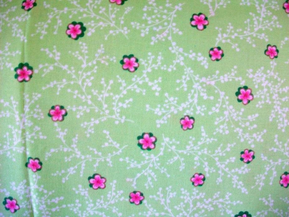 PINK FLOWERS ON GREEN COTTON QUILT FABRIC