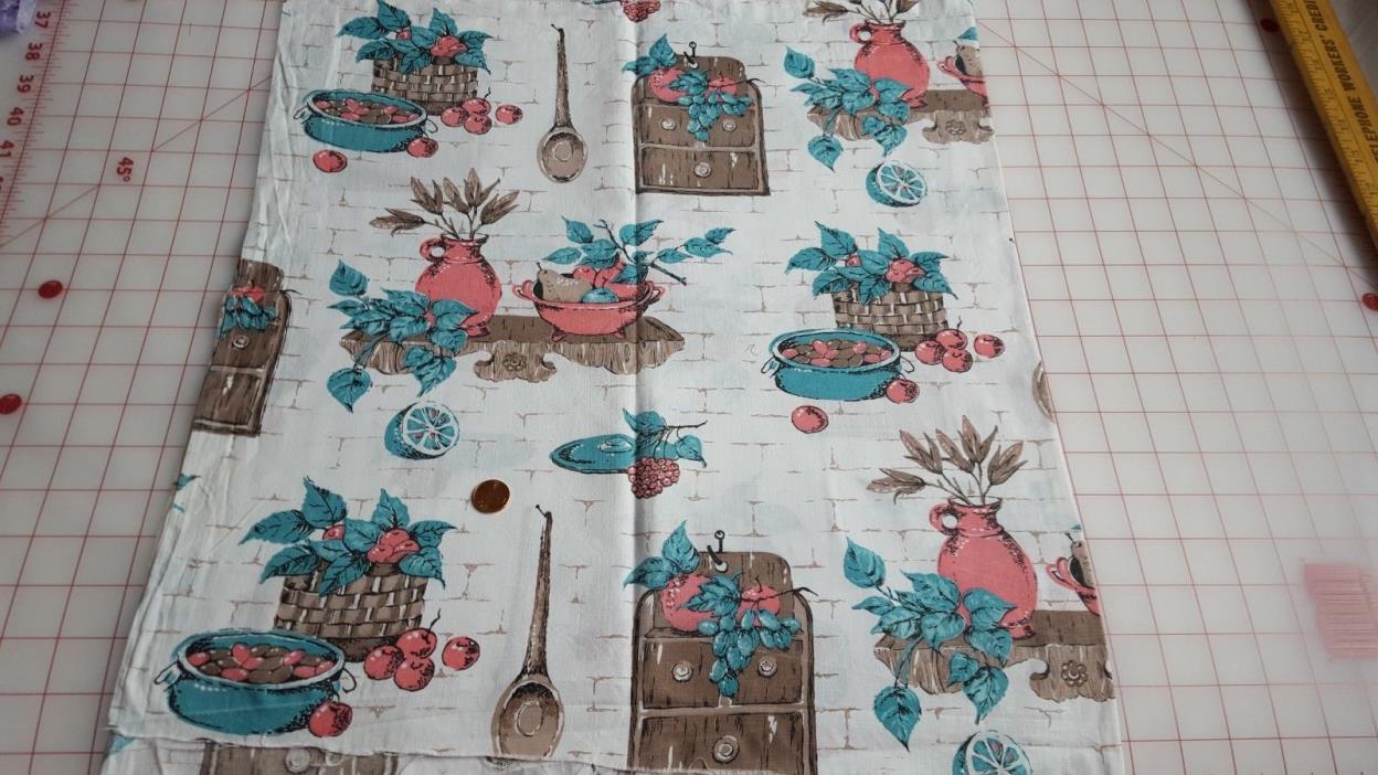 Vintage Cotton Fabric 50s Quilt Kitchen  Fruit Turquoise Pink Brown  MCM