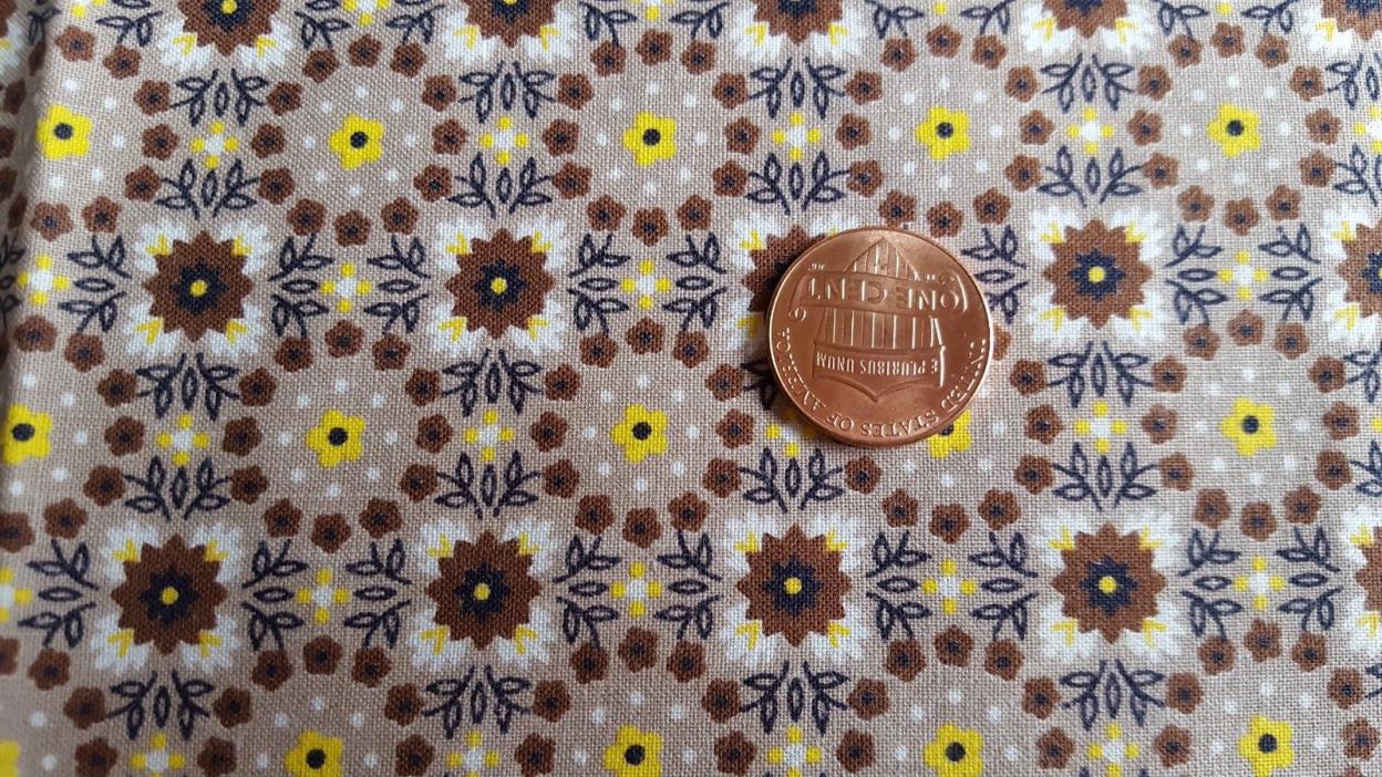 VTG Antique Cotton Fabric 30s Quilt Doll Tan Brown Yellow Flowers Circles Dots