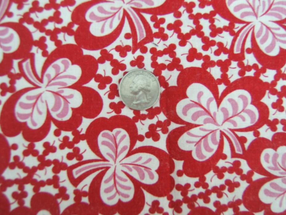 Vintage Cotton Fabric Red Clover Leaves ~ 43.5
