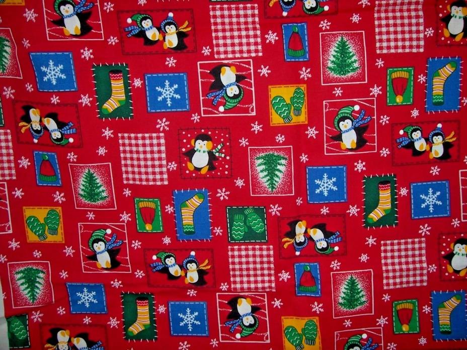 Penquins Winter Hats Gloves Snow Flakes Pattern Cotton Fabric Traditions 2yd x44