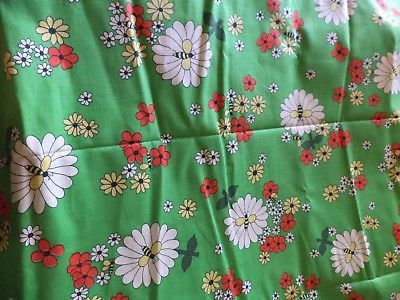 Vintage 1960s green cotton daisy bee fabric old stock unused