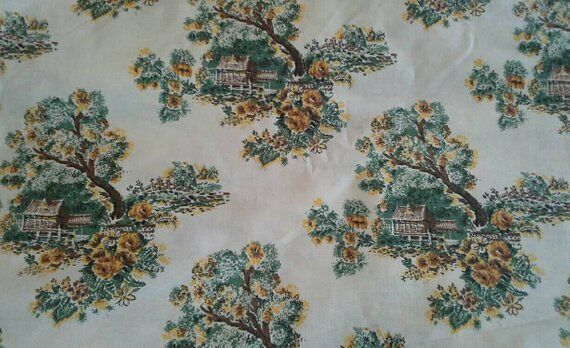 Vintage Decorator Cotton Fabric House nd Garden 5 3/4 Yards Yellow Green Brown