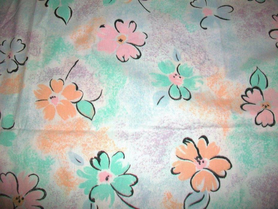 RETRO PASTEL ORANGE, GREEN & LAVENDER SPRING FLOWERS COTTON FABRIC -  45