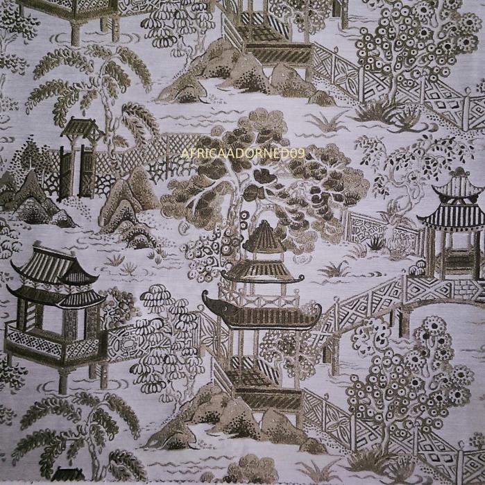 EXQUISITE PAGODA ASIAN TOILE WOVEN JACQUARD UPHLOSTERY FABRIC 20 YARDS TAUPE