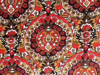 2yds Vtg 60/70s Red Medallion Decorator Fabric Cotton Twill*Mid-Century