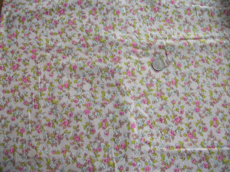 VTG FLANNEL FABRIC MATERIAL PINK ROSES FLORAL GREEN LEAVES 1 3/4 YDS BY 45 IN W