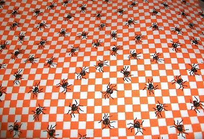 BLACK SPIDERS ON ORANGE & WHITE CHECKED HALLOWEEN  COTTON QUILT FABRIC