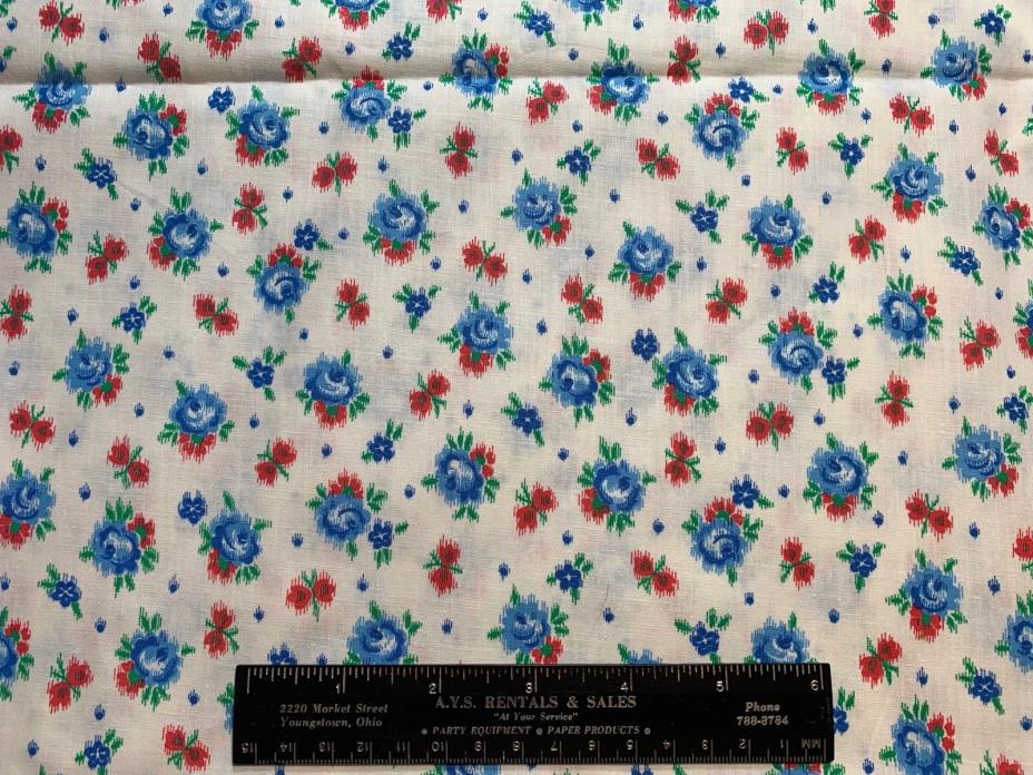 Vintage Cotton Fabric 40s SWEET Lil Blue & Red Roses  35w 1yd