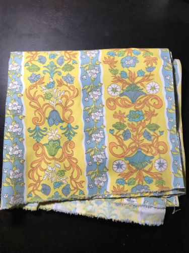 Vintage Heavy Cotton Floral Fabric Canvas Yellow Blue Orange White Vines 1 yard