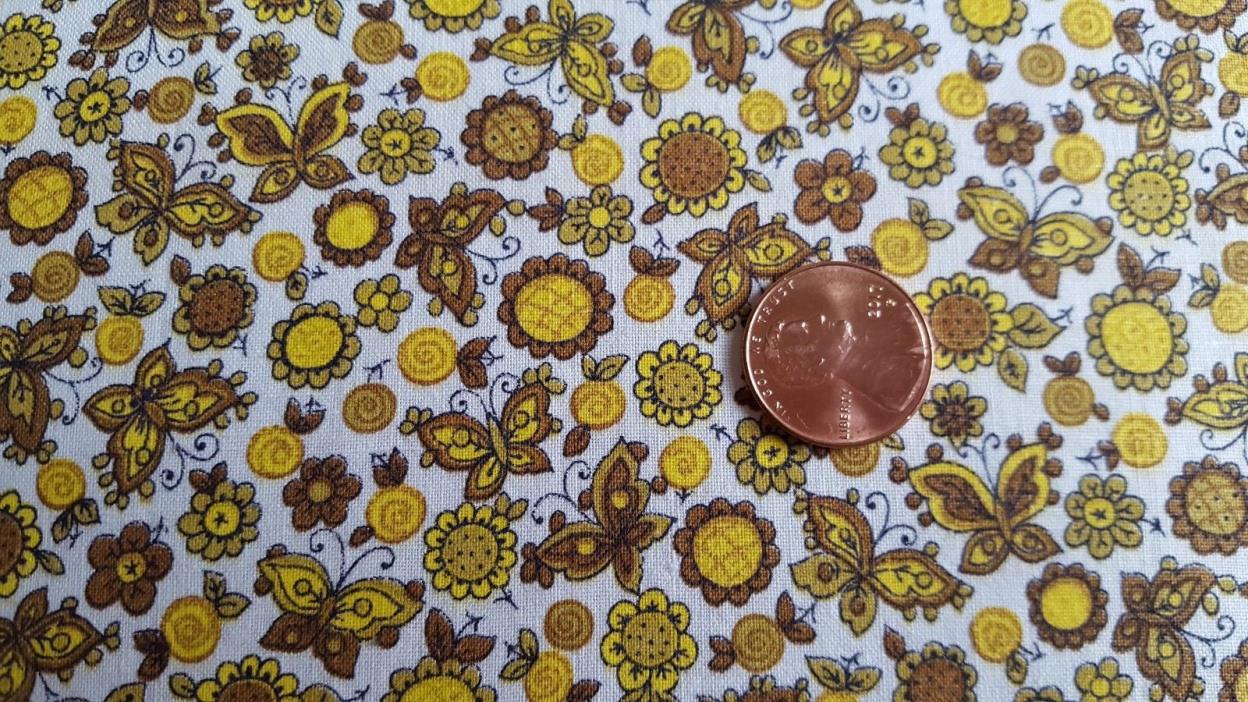 VTG Antique Cotton Fabric 30s Quilt Doll Brown Yellow Tiny Flower Butterfly